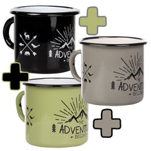 Lade das Bild in den Galerie-Viewer, 3er-PACK THE ADVENTURE BEGINS, 3x Emaillebecher in Schwarz, Grau und Grün