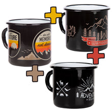 Lade das Bild in den Galerie-Viewer, 3er-PACK BLACK TREK: 3 x schwarze Emaillebecher mit Trekking und Wandermotiven