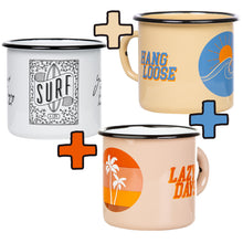 Lade das Bild in den Galerie-Viewer, 3er-PACK SURF: 3x Emaillebecher im Surf Style in Weiß, Beige und Gelb