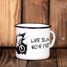 Lade das Bild in den Galerie-Viewer, MOUNTAINBIKE Emaillebecher in weiß - Inhalt 330ml - verschiedene MTB Motive