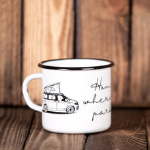 Lade das Bild in den Galerie-Viewer, HOME IS WHERE YOU PARK IT Emaillebecher mit Campingbus mit Aufstelldach