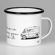 Lade das Bild in den Galerie-Viewer, HOME IS WHERE YOU PARK IT Emaillebecher mit Vario T2W T1 Kastenwagen Wohnmobil