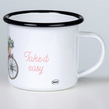 Lade das Bild in den Galerie-Viewer, KEEP IT SIMPLE - TAKE IT EASY Emaillebecher "Fahrrad mit Blumenkorb" Zeichnung