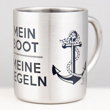 Lade das Bild in den Galerie-Viewer, MEIN BOOT MEINE REGELN - maritimer Becher aus Emaille oder Edelstahl