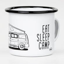 Lade das Bild in den Galerie-Viewer, EAT SLEEP CAMP Emaillebecher mit Campingbus Zeichnung