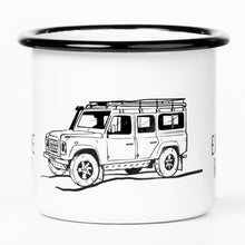 Lade das Bild in den Galerie-Viewer, EAT SLEEP EXPLORE Emaillebecher mit Geländewagen Zeichnung