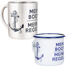 Lade das Bild in den Galerie-Viewer, MEIN BOOT MEINE REGELN - maritimer Becher aus Emaille oder Edelstahl