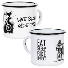Lade das Bild in den Galerie-Viewer, MOUNTAINBIKE Emaillebecher in weiß - Inhalt 330ml - verschiedene MTB Motive