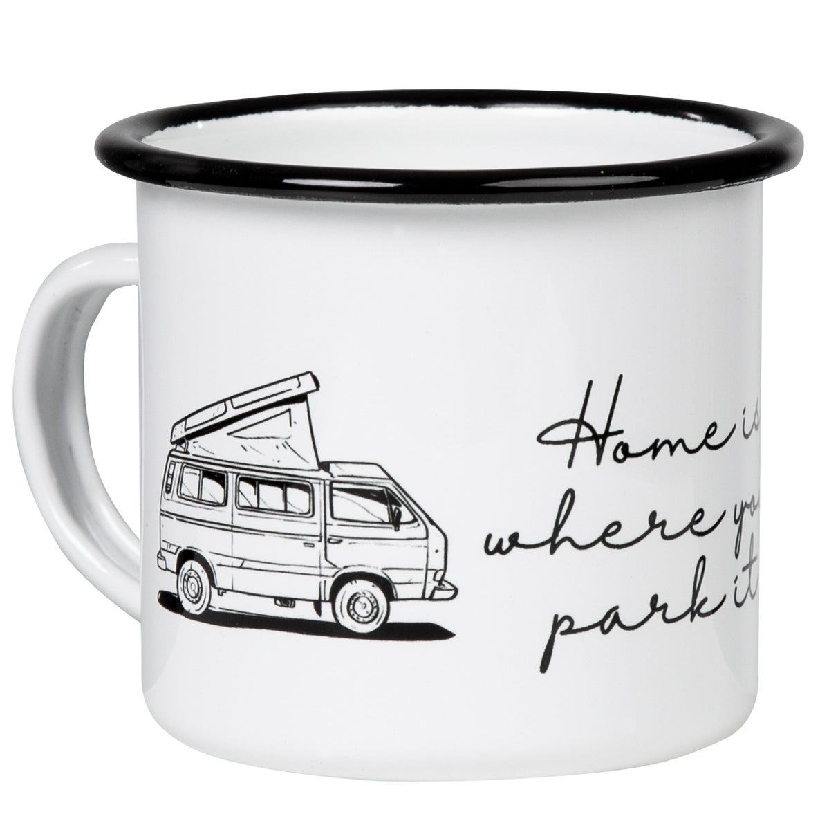 MUGSY Emaille Tasse „Home Is Where You Park It“ – 300 Ml, Weiß, Bruchfest & Leicht Für Camping