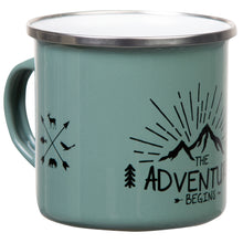 Lade das Bild in den Galerie-Viewer, THE ADVENTURE BEGINS Emaillebecher mit silbernem Rand - Farben: olivgrün / rosa