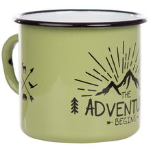 Lade das Bild in den Galerie-Viewer, 3er-PACK THE ADVENTURE BEGINS, 3x Emaillebecher in Schwarz, Grau und Grün