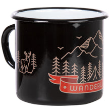 Lade das Bild in den Galerie-Viewer, WANDERLUST Emaillebecher in schwarz mit farbigem Aufdruck