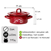 Lade das Bild in den Galerie-Viewer, REDLINE Emaille Geschirr: kleiner Emaille Topf mit Deckel, Motiv: Berge | Topf, Schale, Schüssel für die Outdoorküche, Camping | 600 ml