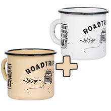 Lade das Bild in den Galerie-Viewer, 2er-PACK ROADTRIPPING: Emaillebecher in weiß und beige/gelb im Vanlife Style