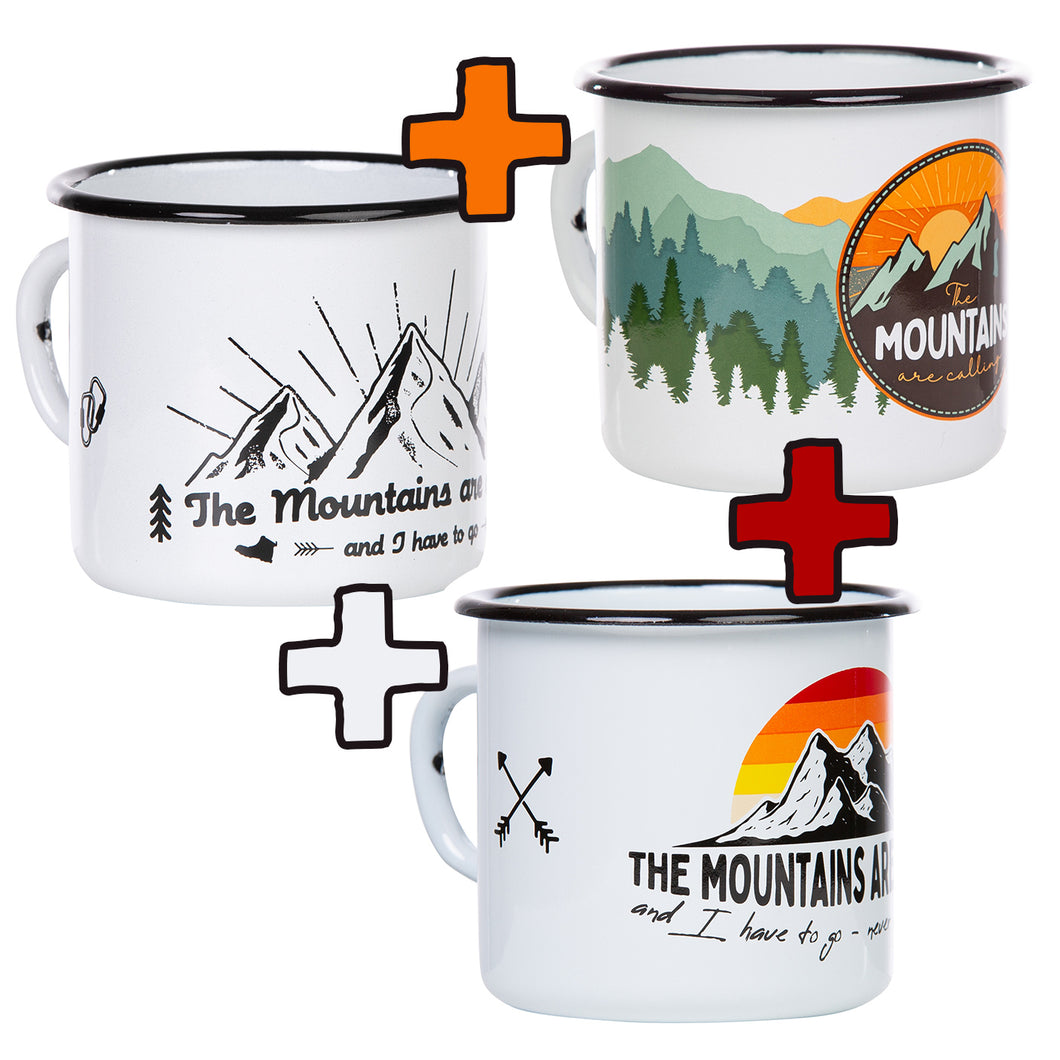 3er-PACK MOUNTAINS: 3x Emaillebecher mit Mountains are calling - Motiv