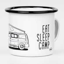 Lade das Bild in den Galerie-Viewer, EAT SLEEP CAMP Emaillebecher mit Campingbus Zeichnung
