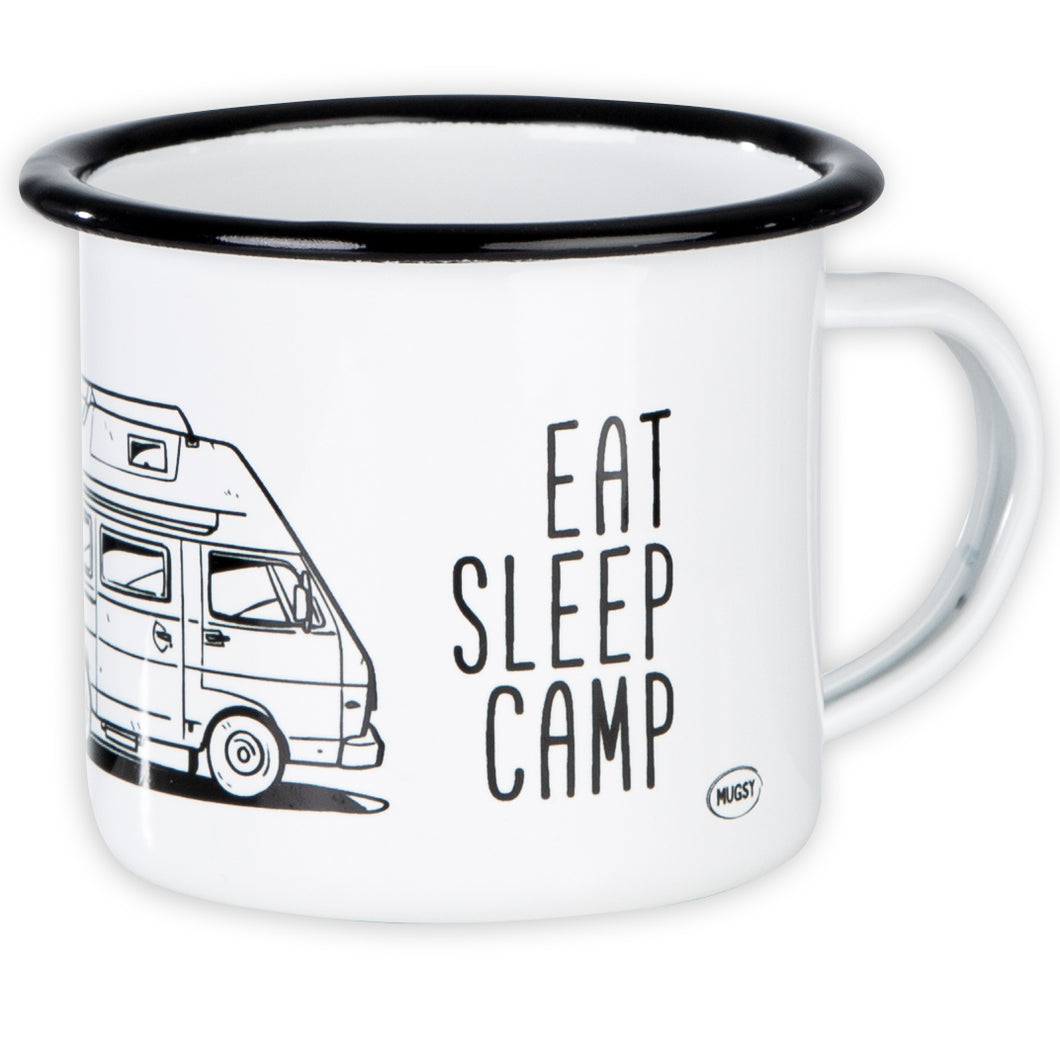 EAT SLEEP CAMP Emaillebecher mit Campingbus LT Zeichnung