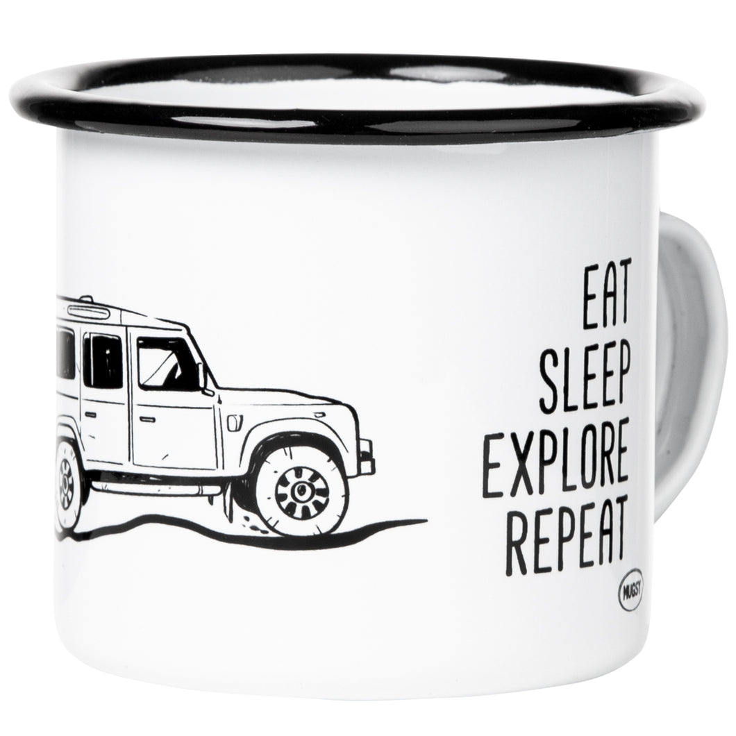 EAT SLEEP EXPLORE Emaillebecher mit Geländewagen (Seitenansicht) Zeichnung