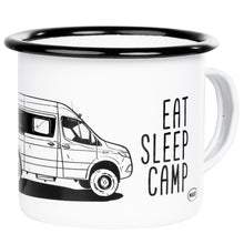 Lade das Bild in den Galerie-Viewer, EAT SLEEP CAMP Emaillebecher mit Campervan Kastenwagen Zeichnung
