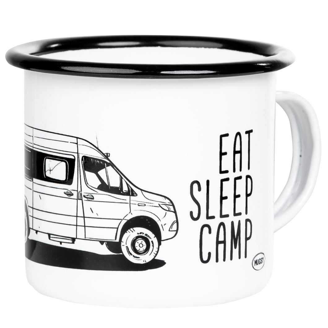 EAT SLEEP CAMP Emaillebecher mit Campervan Kastenwagen Zeichnung