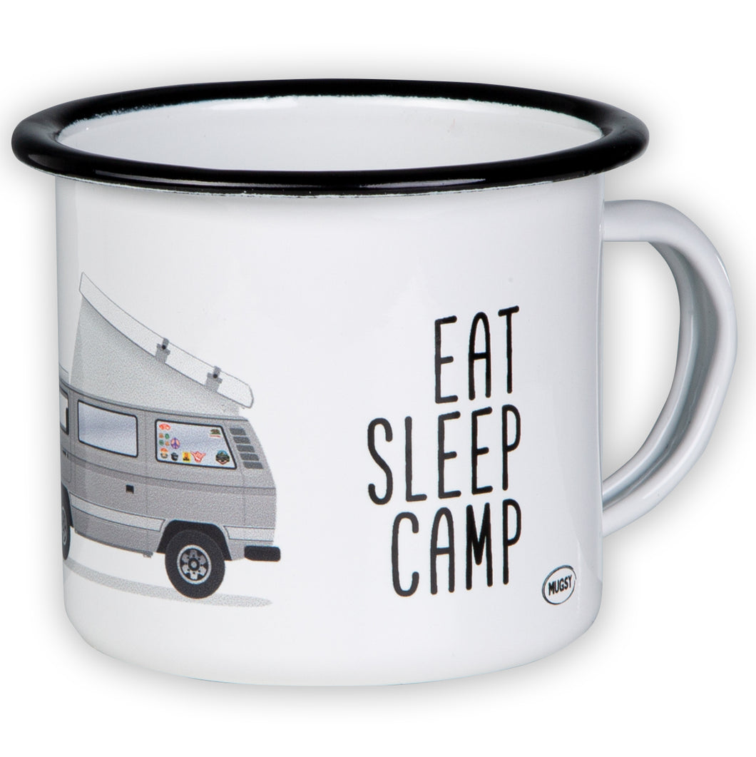EAT SLEEP CAMP Emaillebecher mit Campingbus mit Aufstelldach