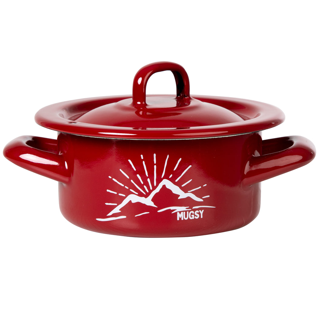 REDLINE Emaille Geschirr: kleiner Emaille Topf mit Deckel, Motiv: Berge | Topf, Schale, Schüssel für die Outdoorküche, Camping | 600 ml