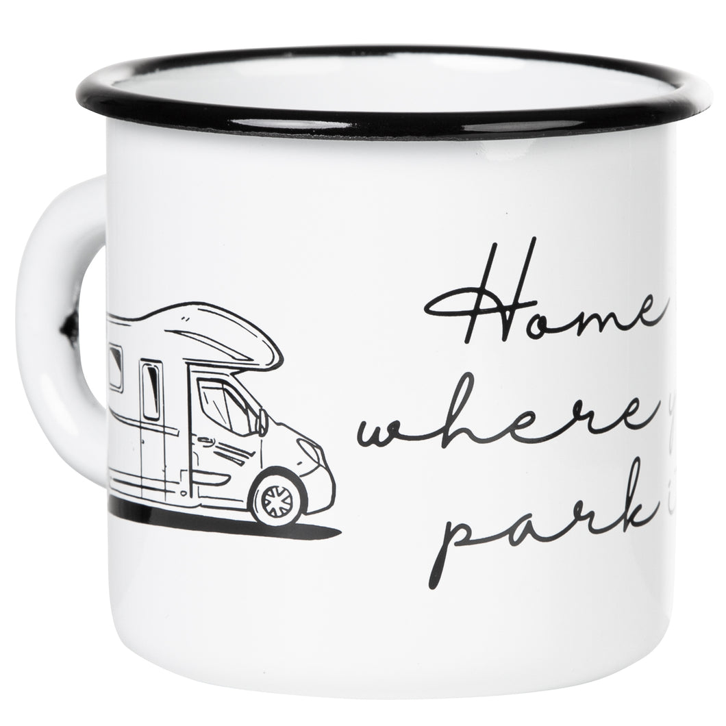 HOME IS WHERE YOU PARK IT Emaillebecher mit Alkoven Wohnmobil