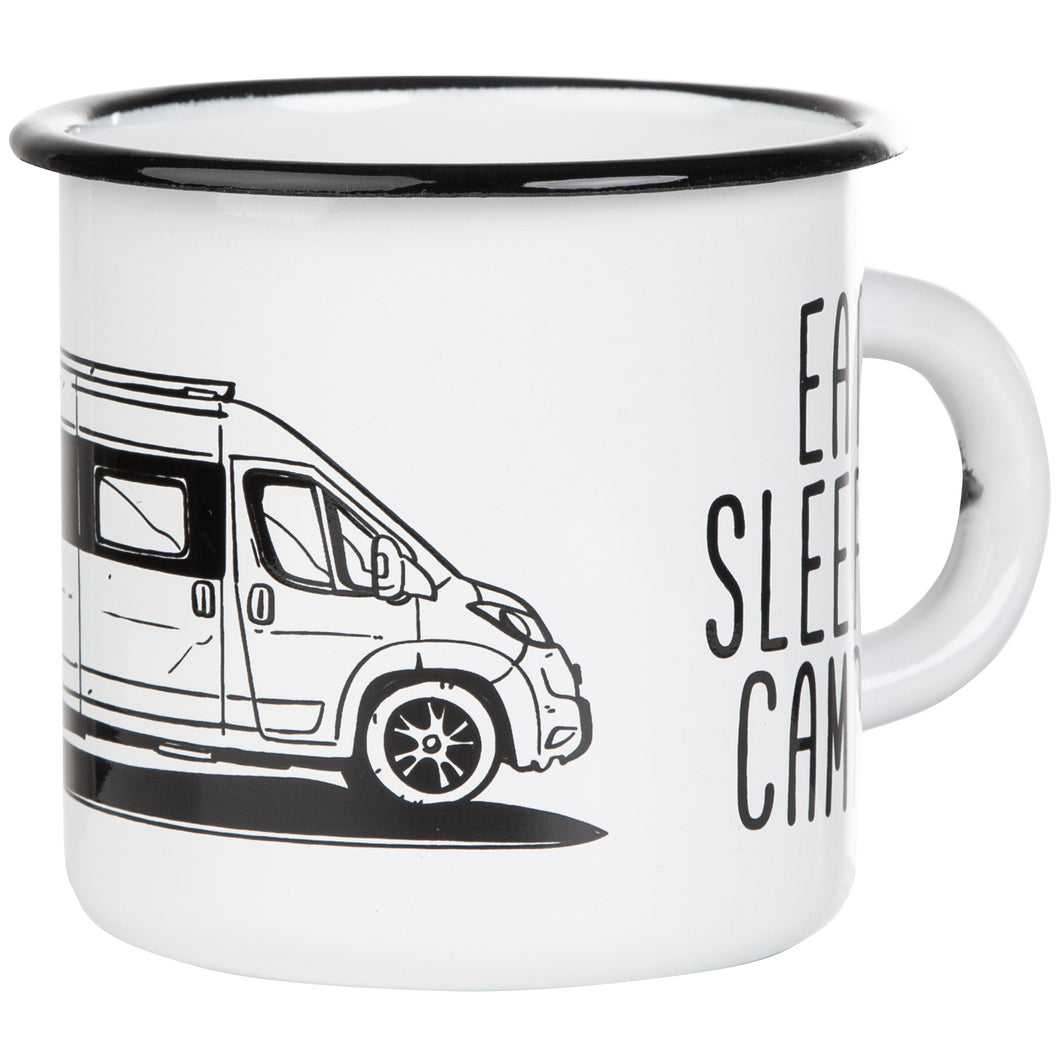 EAT SLEEP CAMP Emaillebecher mit Kastenwagen Camper Zeichnung